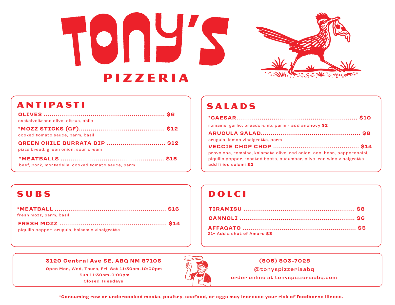 Tony's Pizzeria Menu Page 1