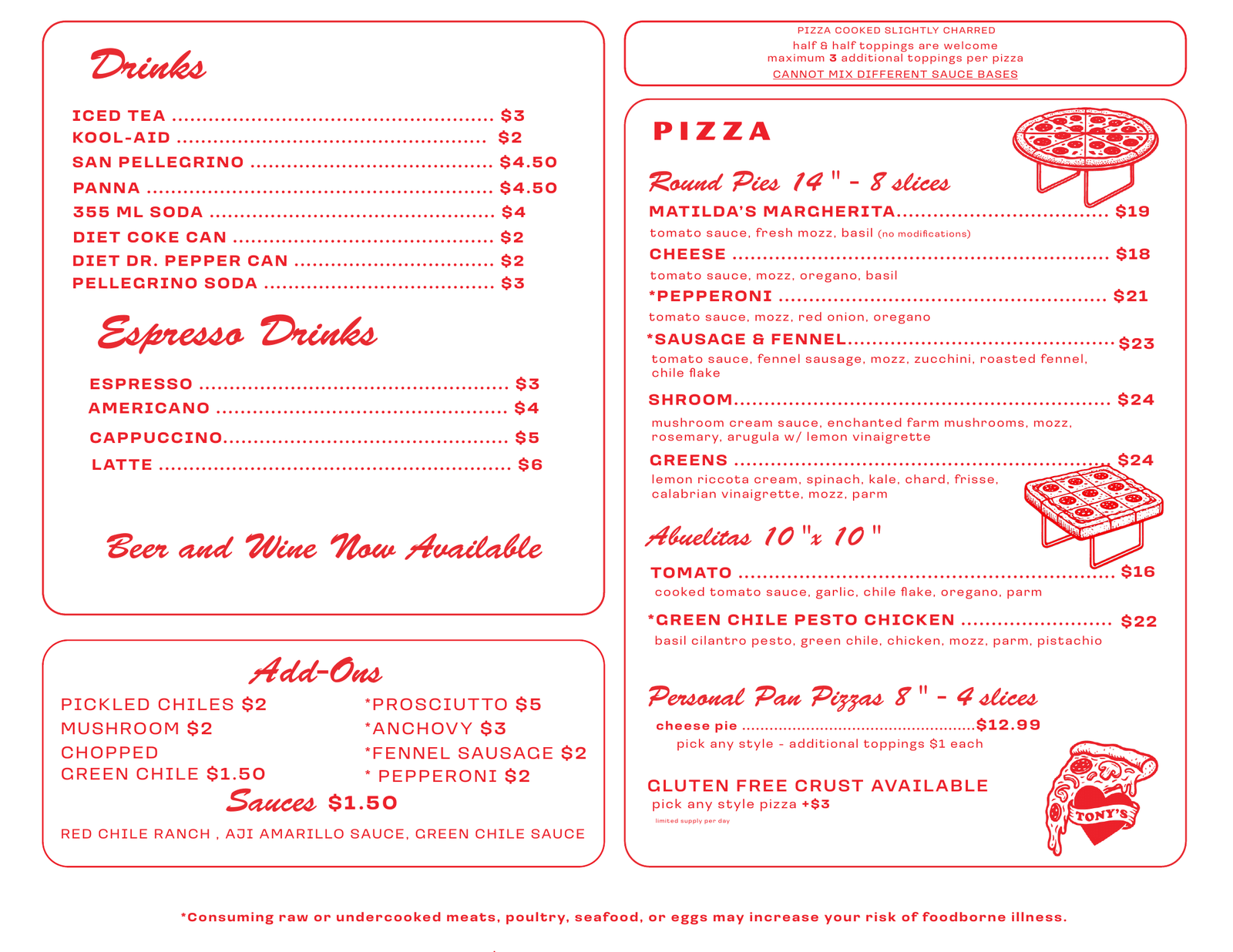 Tony's Pizzeria Menu Page 2